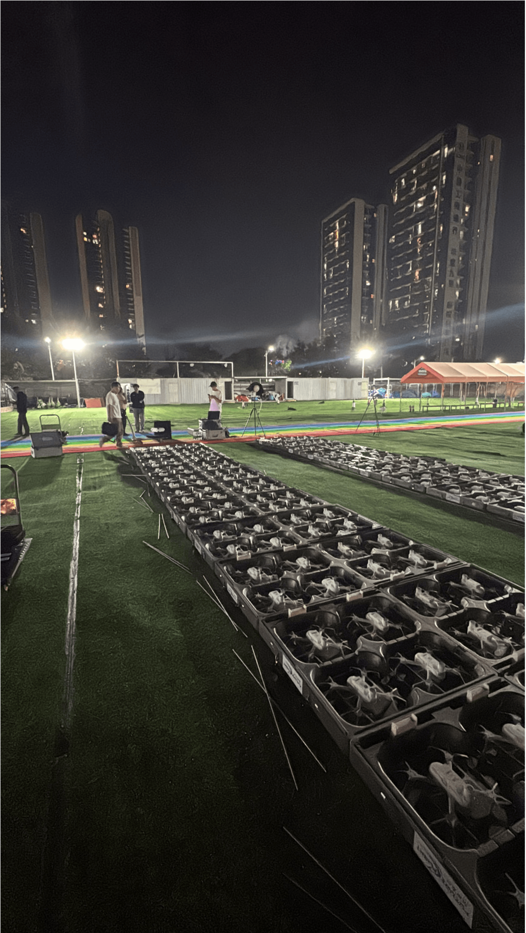 iDrone takeoff formation — hundreds of drones launching from a compact, precision-aligned grid
